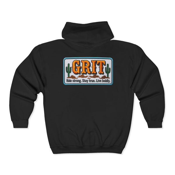 Black unisex full-zip hoodie with Ride strong graphic on front chest