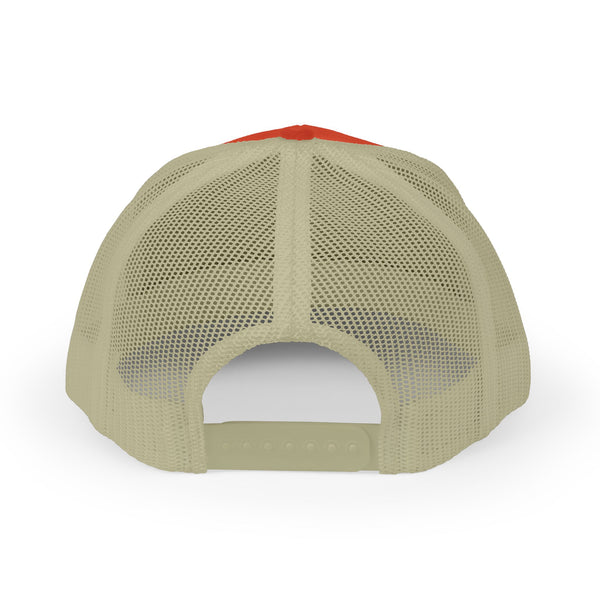 Orange-and-khaki trucker hat back view with breathable mesh panels