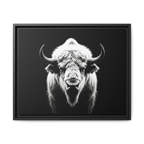 Framed bison art print with close bull face, black frame