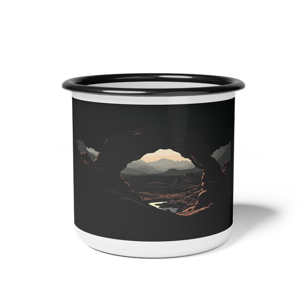 Enamel camp cup with black rim, black body and arch landscape print, white base