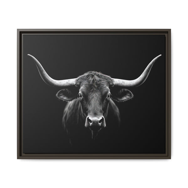 Framed western canvas art featuring a monochrome bucking bull head on black, espresso-brown frame