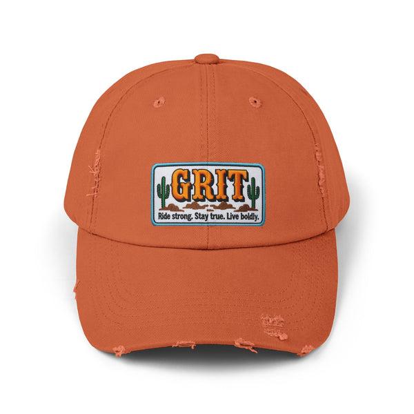 Burnt orange distressed baseball cap with front cactus patch logo.