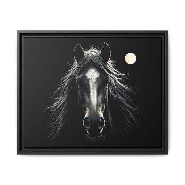 Black framed canvas art: close-up horse head with bright moon above