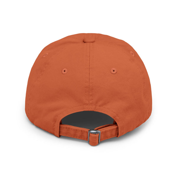Burnt orange distressed dad hat, back view with adjustable fabric strap