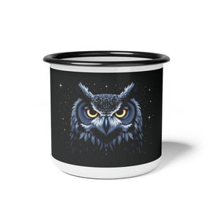 Black enamel camp mug with owl graphic, black rim, white handle and base