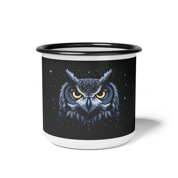 Black enamel camp mug with owl graphic, black rim, white handle and base