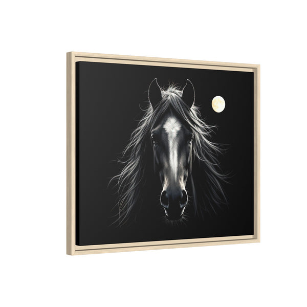 Framed western canvas art of a black-and-white horse head with a moon