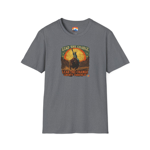 Heather gray crew-neck T-shirt with buffalo graphic and vintage-style lettering