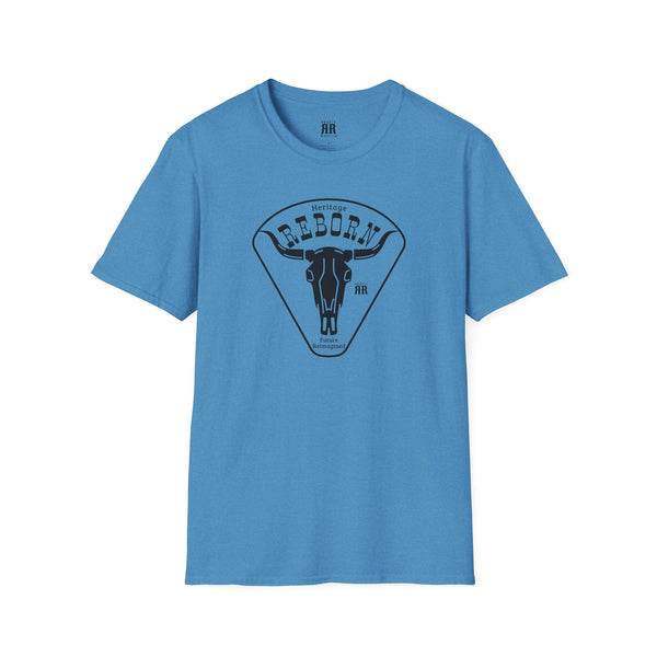 Blue crew-neck T-shirt with front bull graphic inside a triangle logo