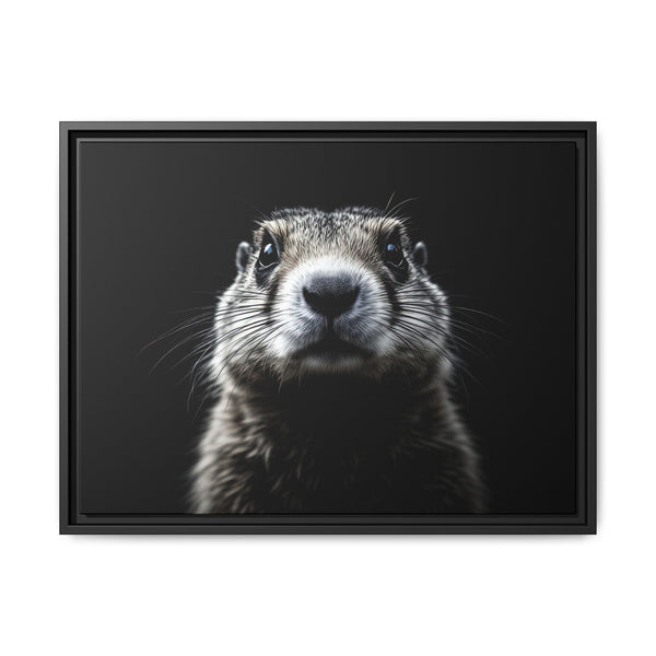Framed canvas wall art with centered prairie dog portrait, black frame, dark background.