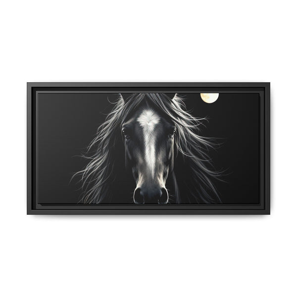 Framed western horse canvas art with monochrome head, dark background and moon; black frame