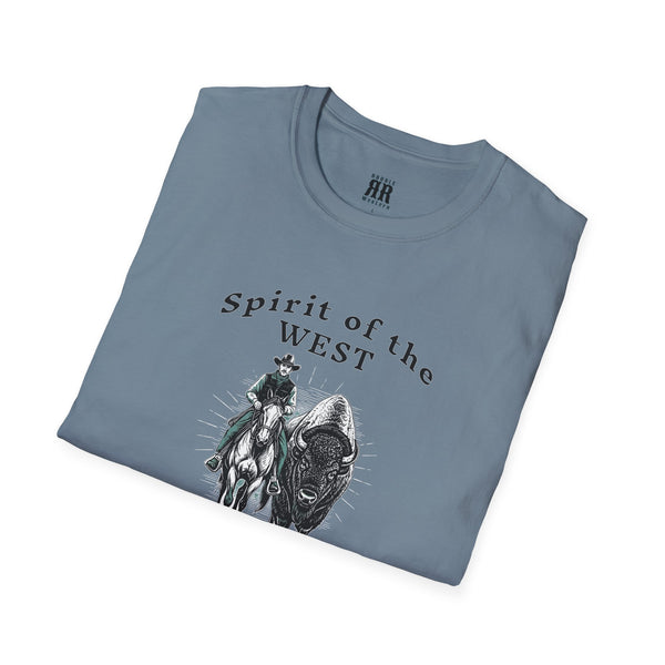 Spirit of the West Western Wear Graphic T-Shirt in Stone Blue, folded view