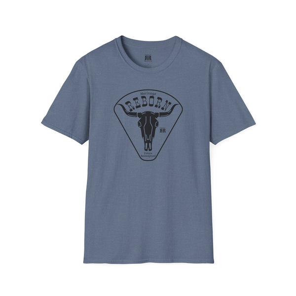 Denim blue crew-neck T-shirt with front bull graphic inside a triangle logo