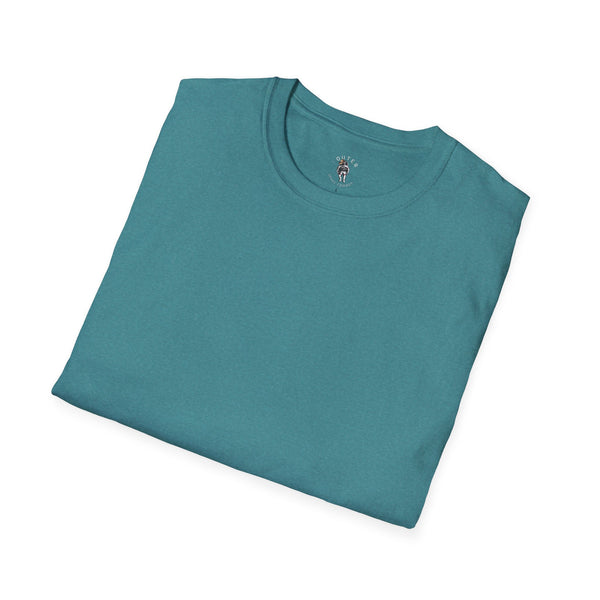 Teal men’s T-shirt with small chest cowboy logo, short sleeves, crew neck