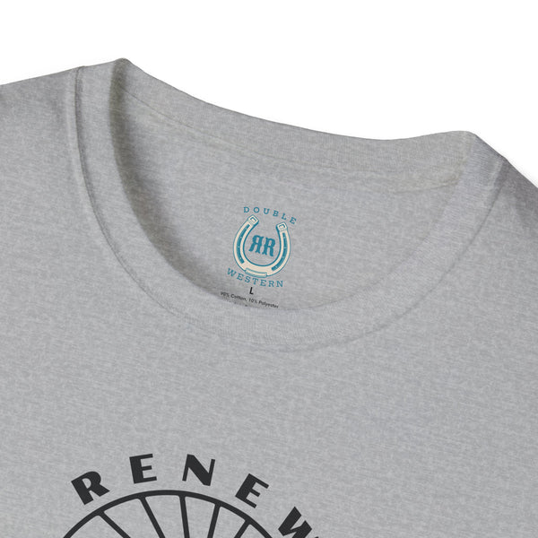 Sport grey crew neck T-shirt neckline with small blue logo patch
