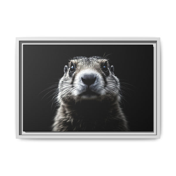 Framed canvas wall art with prairie dog portrait, silver frame