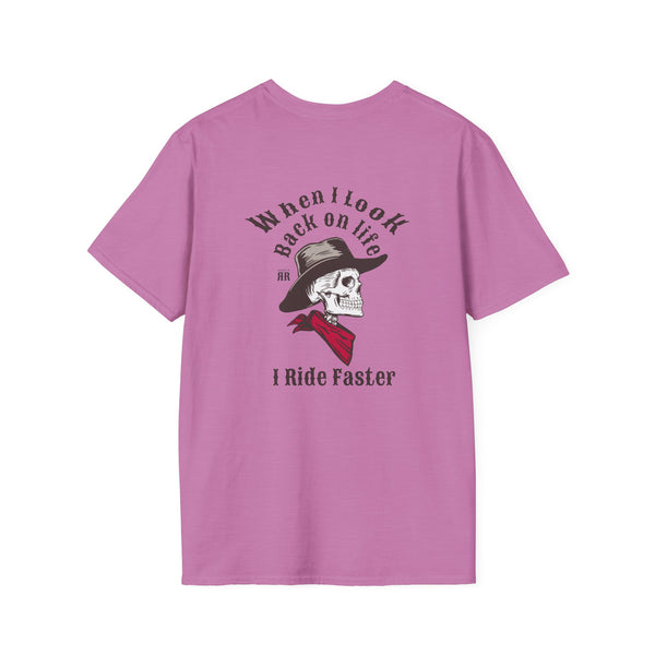 Purple graphic T-shirt with skull cowboy hat and “Ride Faster” text on front