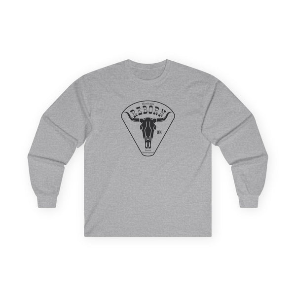 Ash grey long-sleeve T-shirt with chest graphic print.