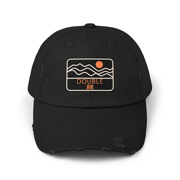 Black distressed dad hat with front patch logo and distressed brim