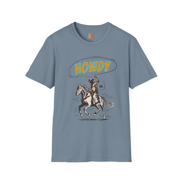 Steel blue cowboy graphic T-shirt with Howdy and rider on horse print.