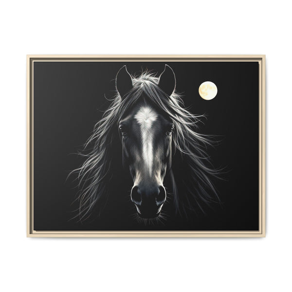Framed western canvas art of a black-and-white horse face with a glowing moon