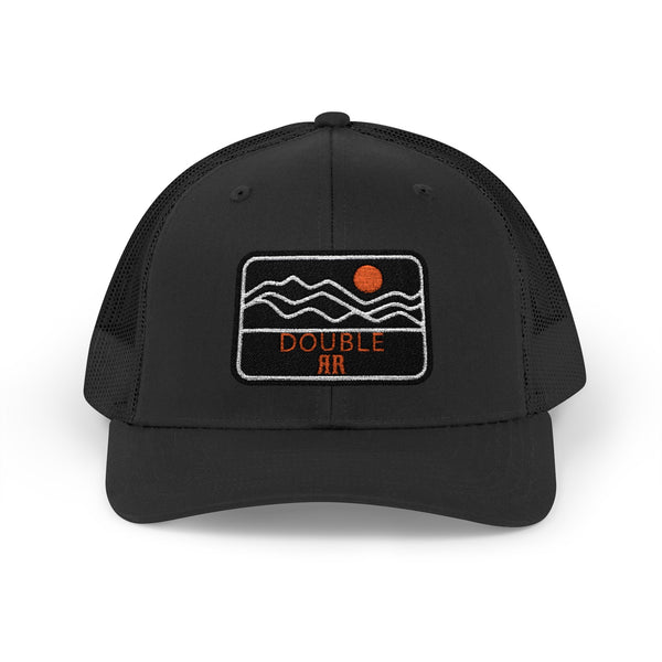 Black trucker hat with black mesh panels and front Double HR patch with orange dot