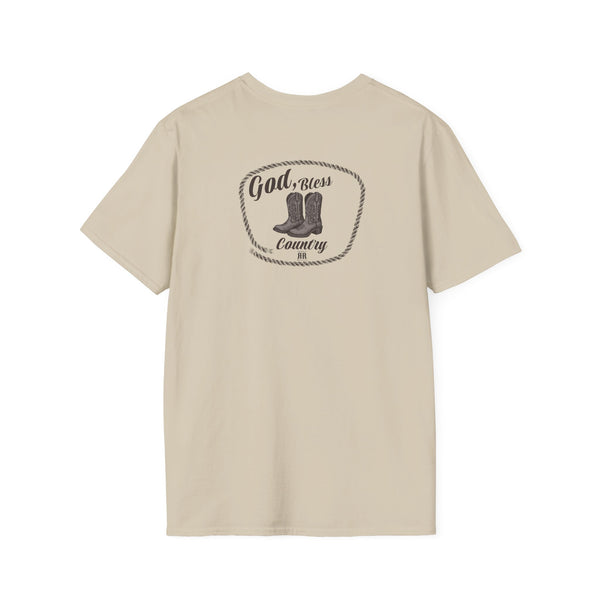 Heavy cotton T-shirt, tan, crew neck with circular “God Bless Country” graphic.