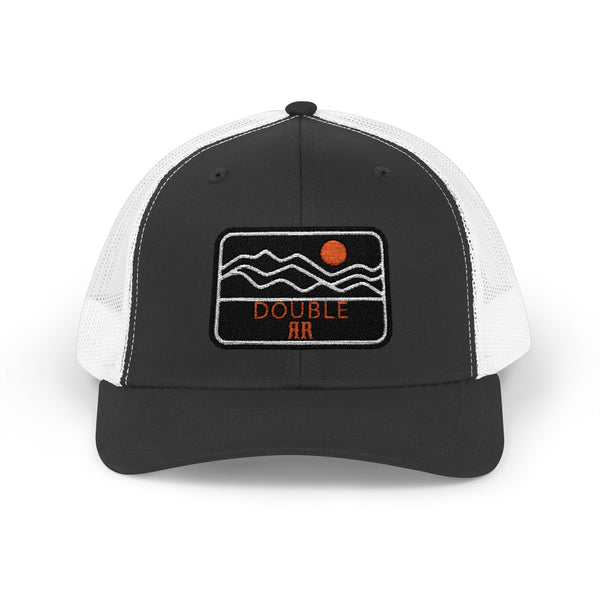 Black trucker hat with white mesh panels and front Double HR patch with orange dot