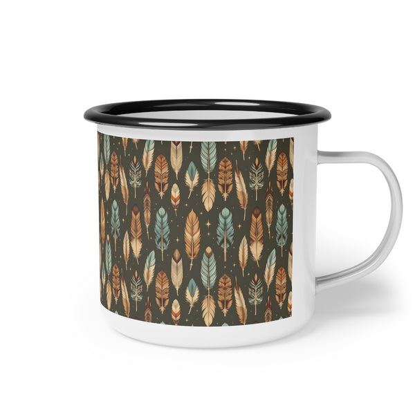 Enamel camp mug with feather print, black rim, side view and white handle