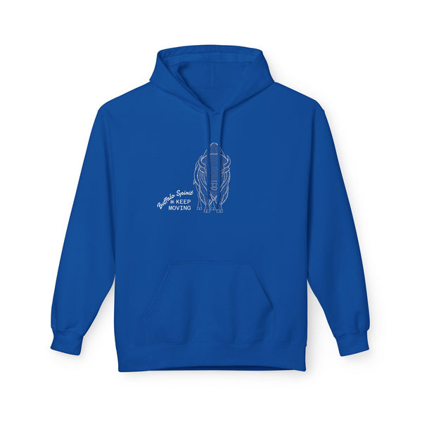 Royal blue hoodie with front chest graphic and “Keep Moving” text, pullover hood