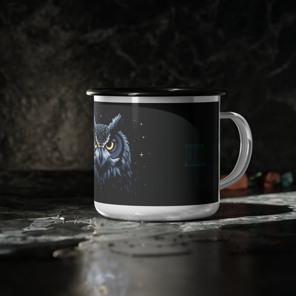 Black enamel camp mug with owl face graphic, black rim, white handle and base