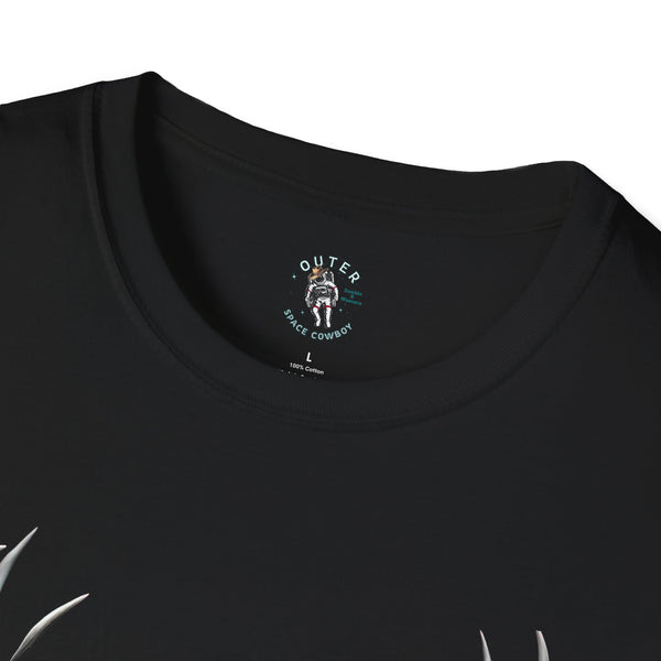 Black crewneck T-shirt collar label and stitching detail, no visible graphic