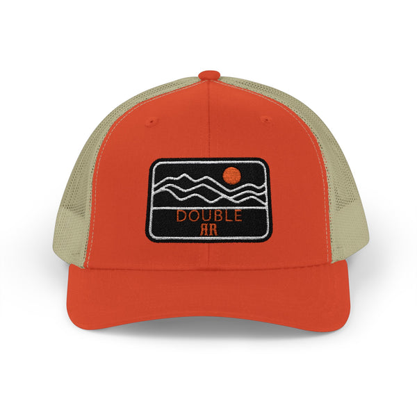 Rust orange trucker hat with khaki mesh panels and front Double HR patch with waves