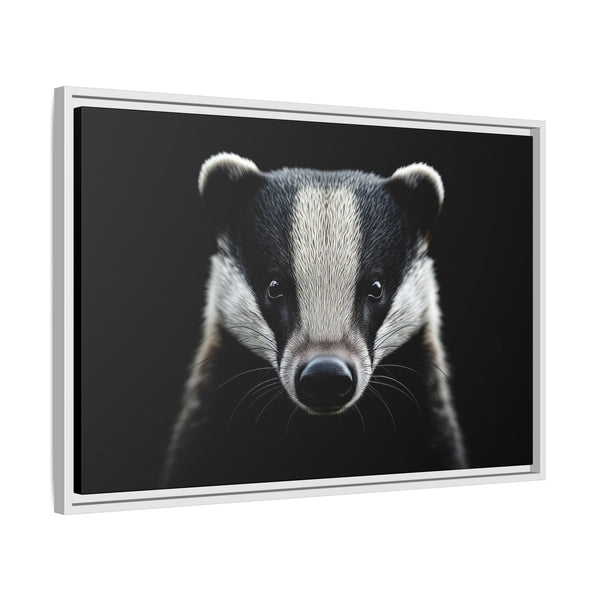 Framed wall canvas art featuring a close-up badger face, silver frame