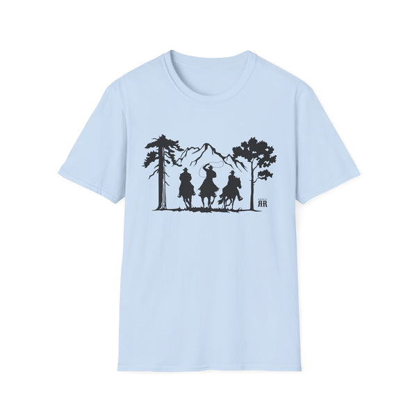 Light blue crew neck T-shirt with western rider silhouette graphic on chest