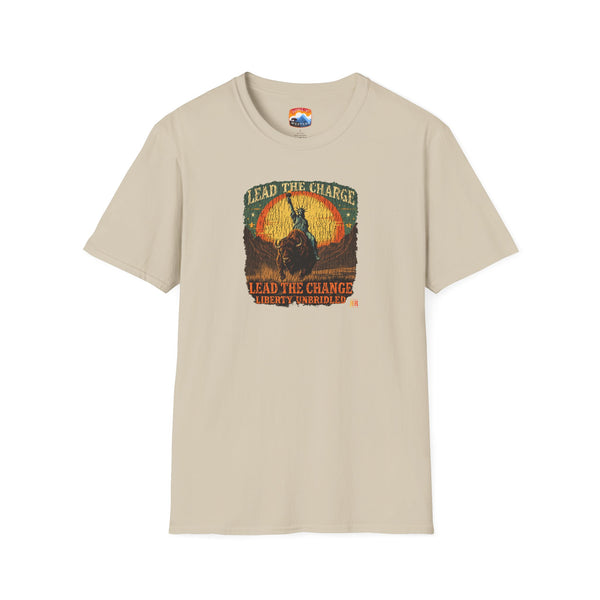 Sand-colored crew-neck T-shirt with buffalo graphic and vintage-style lettering