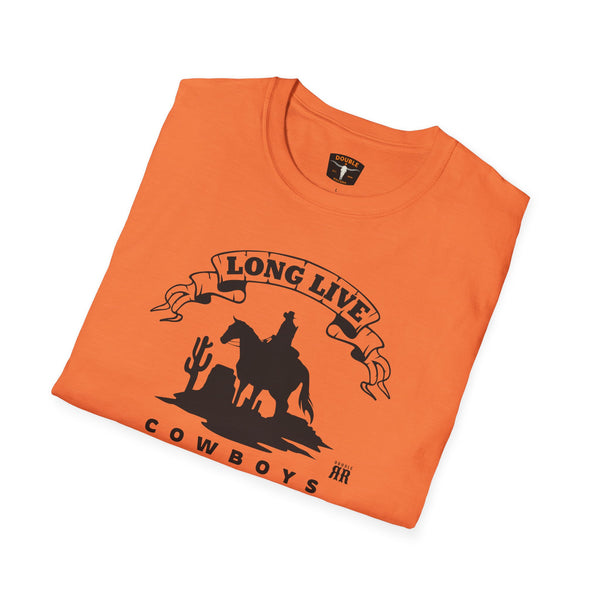 Orange T-shirt with cowboy silhouette “Long Live” ribbon and “cowboys” text graphic