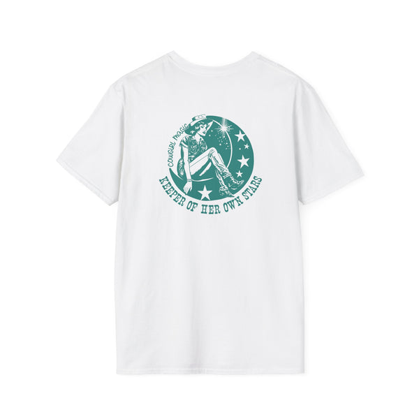 Women’s white T-shirt with large teal back graphic circular emblem