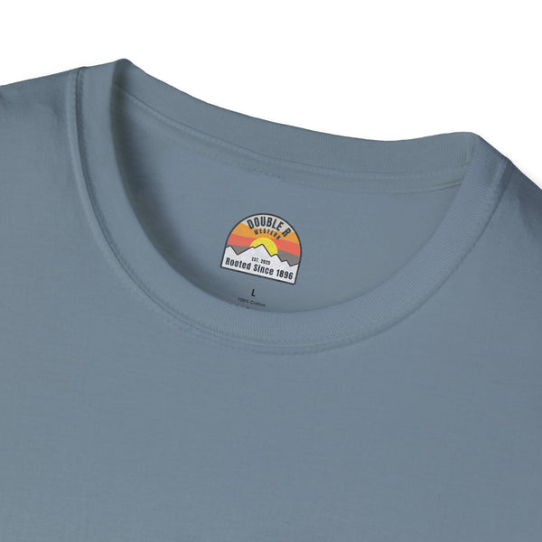 Slate-blue crewneck tee with Double R western logo at neckline