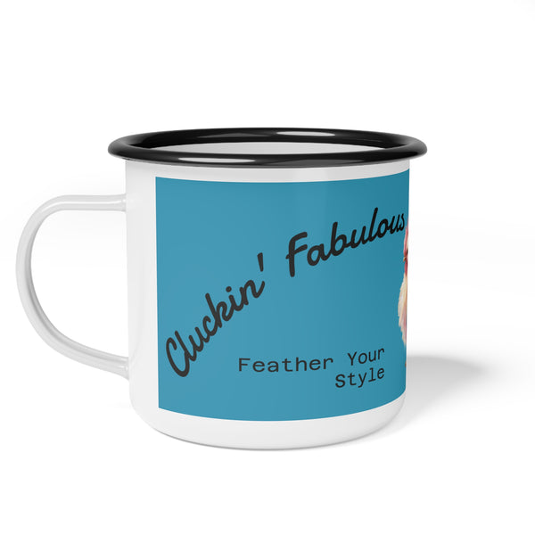 Enamel camp mug with blue body, black rim, rooster graphic and 'Feather Your Style' text