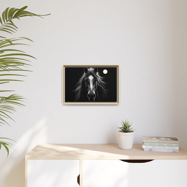 Framed western canvas art with a centered black horse portrait, white mane, and moon