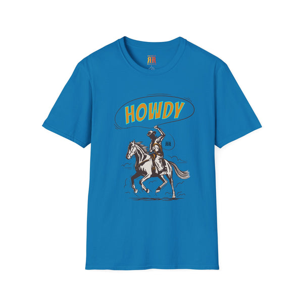 Cowboy graphic T-shirt, sapphire blue with HOWDY cowboy rider print