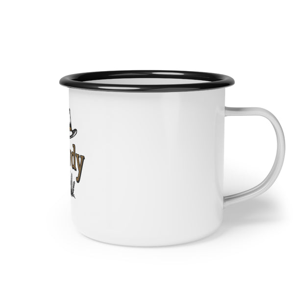 Enamel camp mug with black rim, right-side handle, and partial Western logo