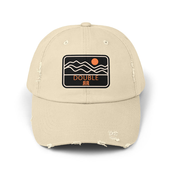 Stone distressed dad hat with front patch logo and frayed brim