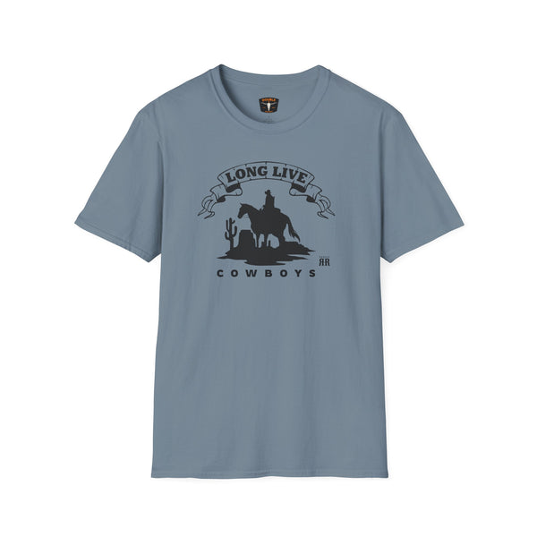 Blue T-shirt with cowboy silhouette and “Long Live” ribbon graphic at chest