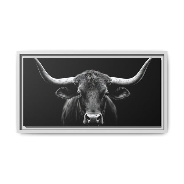 Framed canvas wall art with silver frame, grayscale bull head with long horns