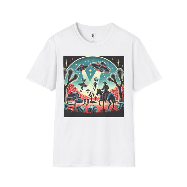 White T-shirt with western sci-fi graphic featuring cowboys, aliens, and fireworks