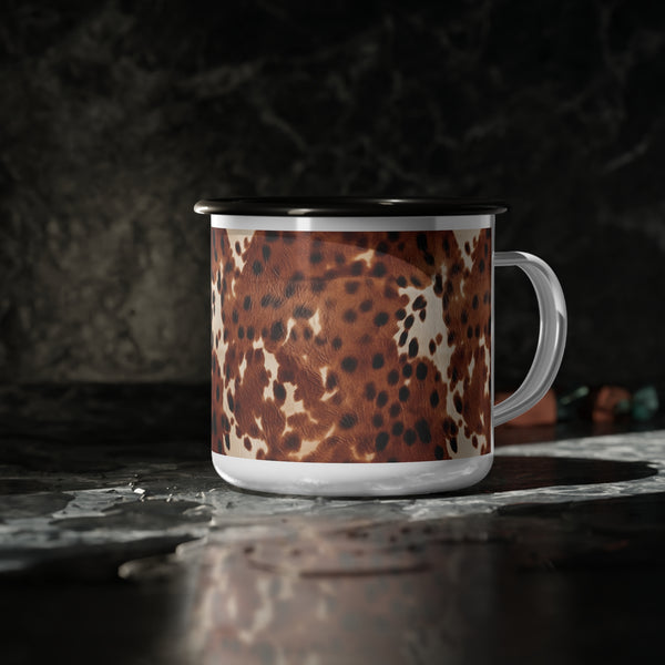 Enamel camp mug with black rim and brown cowhide pattern, white base and handle