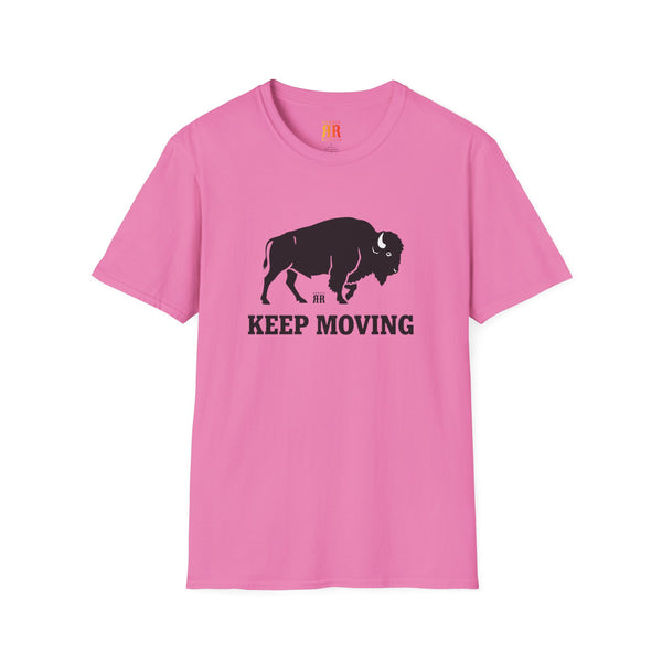 Pink western wear T-shirt with bison “KEEP MOVING” graphic