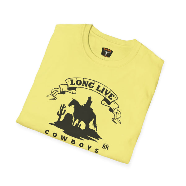 Cornsilk yellow graphic T-shirt with cowboy on horse silhouette and Long Live Cowboy slogan